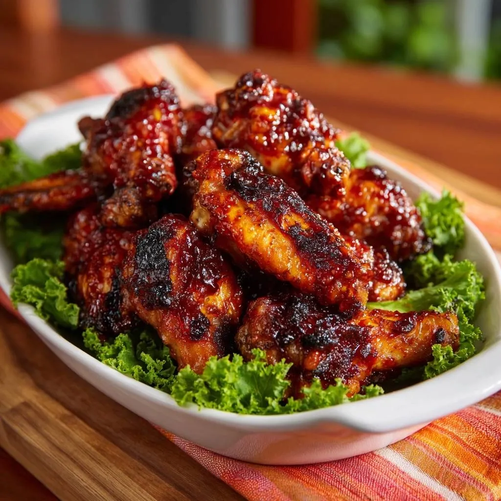 Oven BBQ chicken wings glazed in a rich sauce, presented on a bed of lettuce in a white dish.