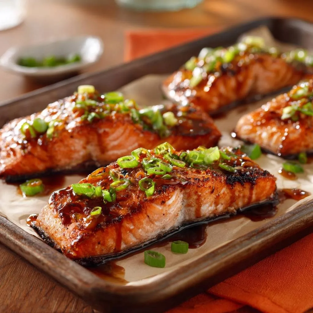 Oven teriyaki salmon with a glossy glaze and fresh green onion garnish on a baking sheet.