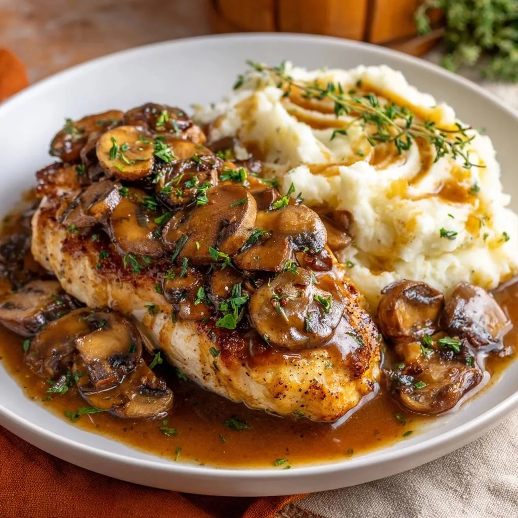 Juicy pan-seared chicken with mushroom gravy and creamy mashed potatoes served on a white plate.
