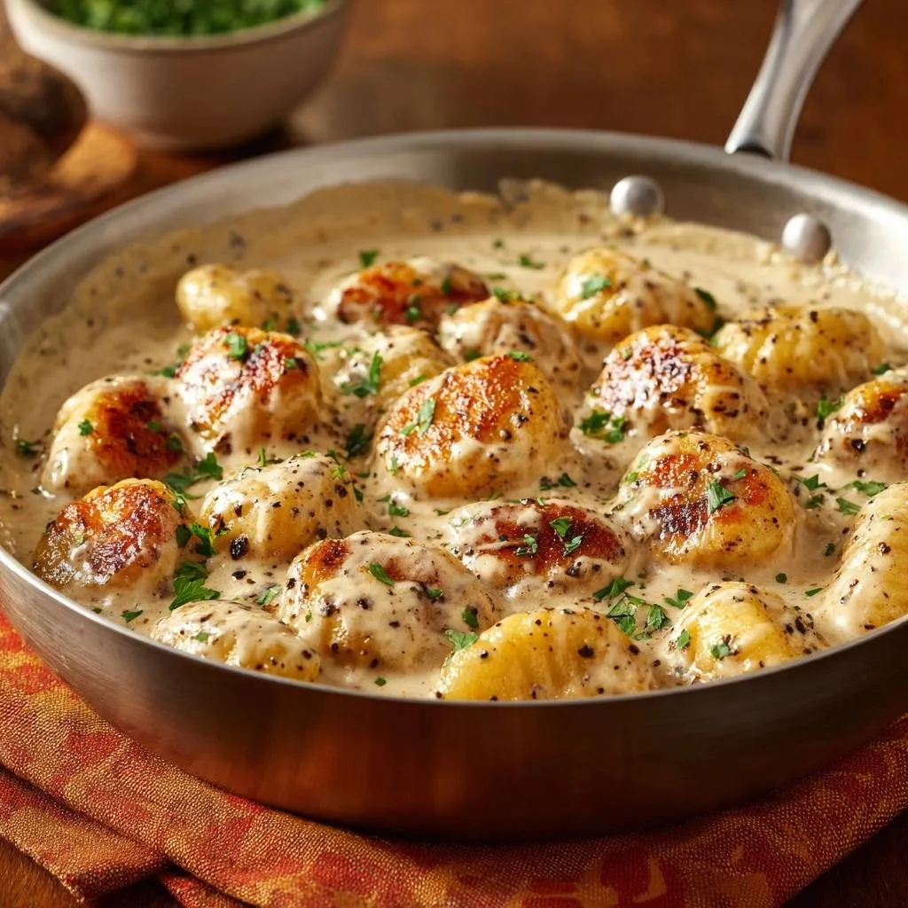 Pan-seared gnocchi in creamy pepper sauce served in a skillet, showing the rich sauce and seared texture.
