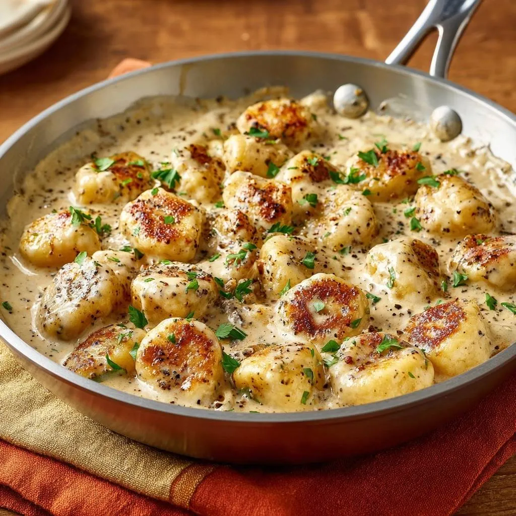 Pan-seared gnocchi in creamy pepper sauce served in a stainless steel skillet, garnished with parsley.