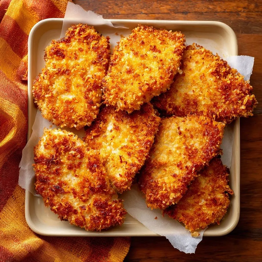 Crispy panko chicken cutlets arranged on a white parchment paper in a beige tray, viewed from directly above.