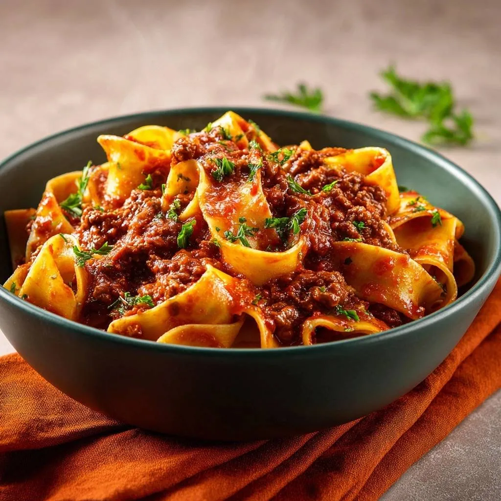 Pappardelle Bolognese with thick, clingy sauce coating wide pasta ribbons in a dark bowl.