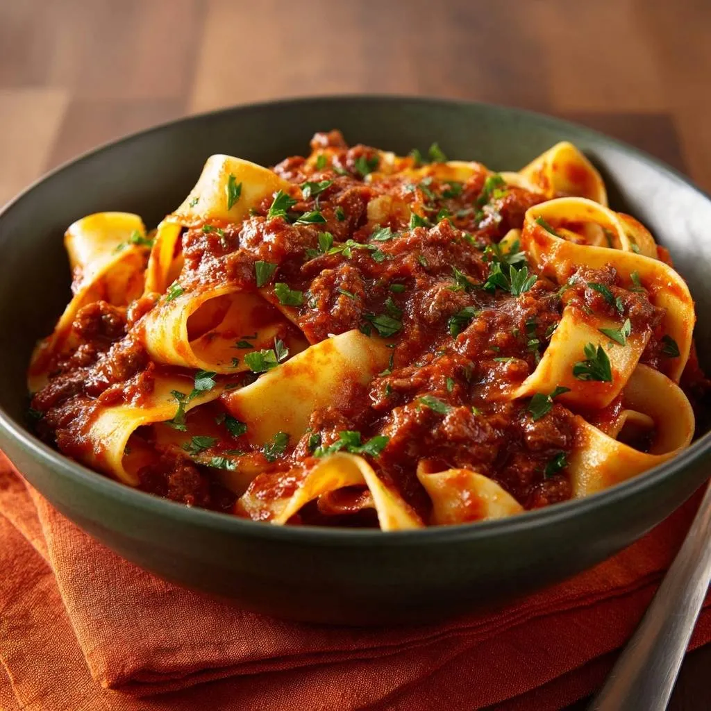 Pappardelle Bolognese with thick, clingy sauce, showcasing the rich texture and wide pasta ribbons.