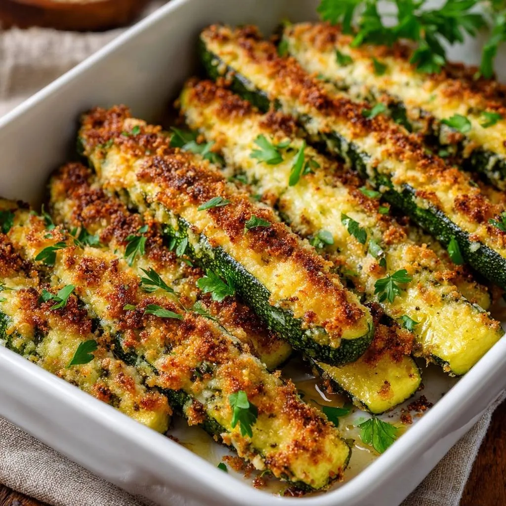 Crispy Parmesan roasted zucchini shown in a baking dish with a close-up view of the golden-brown crumb topping and fresh parsley garnish.