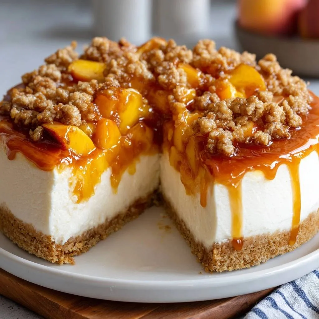 Peach Streusel Cheesecake cross-section showing rich caramel drizzle and crumble topping.
