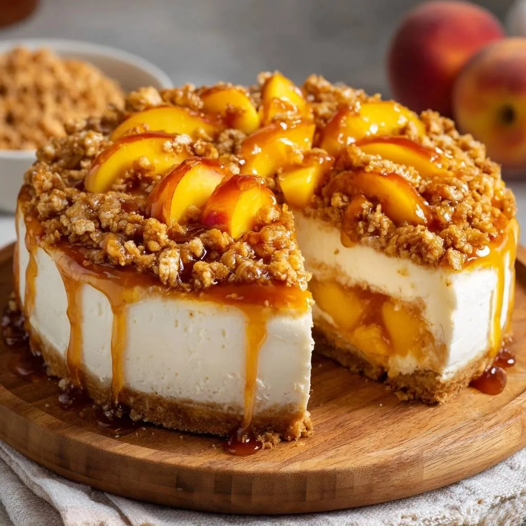 Peach streusel cheesecake cross-section showing layers of fruit and creamy filling, drizzled with caramel.