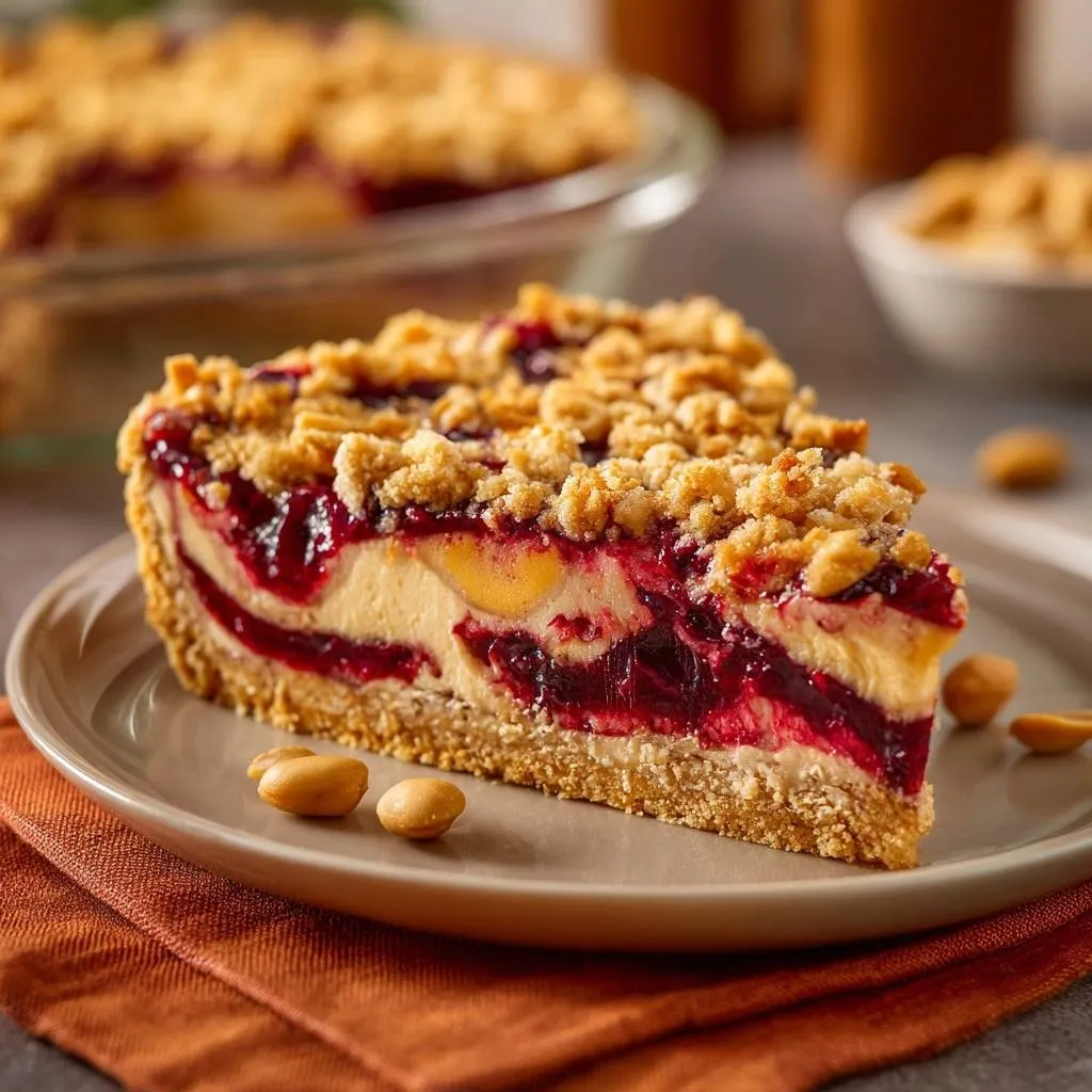 Peanut Butter Berry Crumble Pie slice showing a detailed cross-section of its creamy filling and fruit layers.