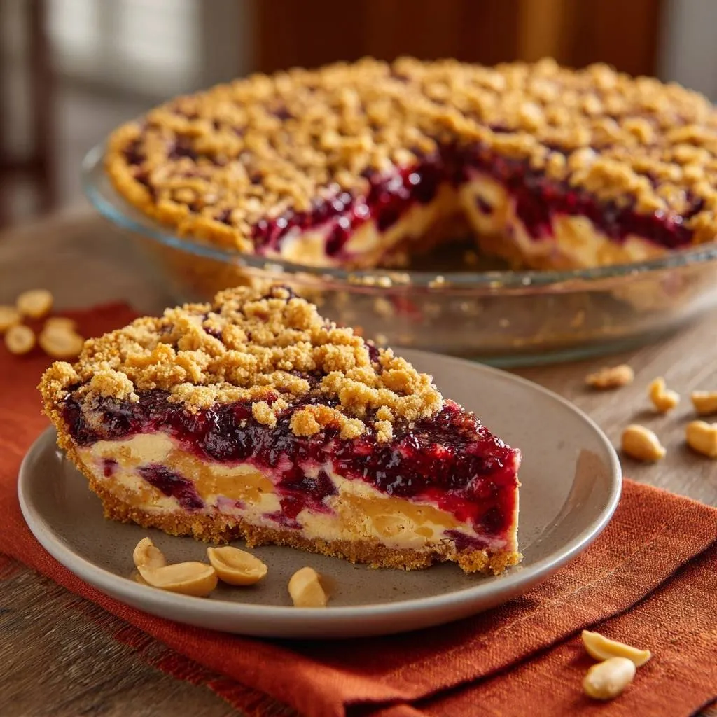 Peanut Butter Berry Crumble Pie slice showing layers of peanut butter, berry filling, and crumble topping.