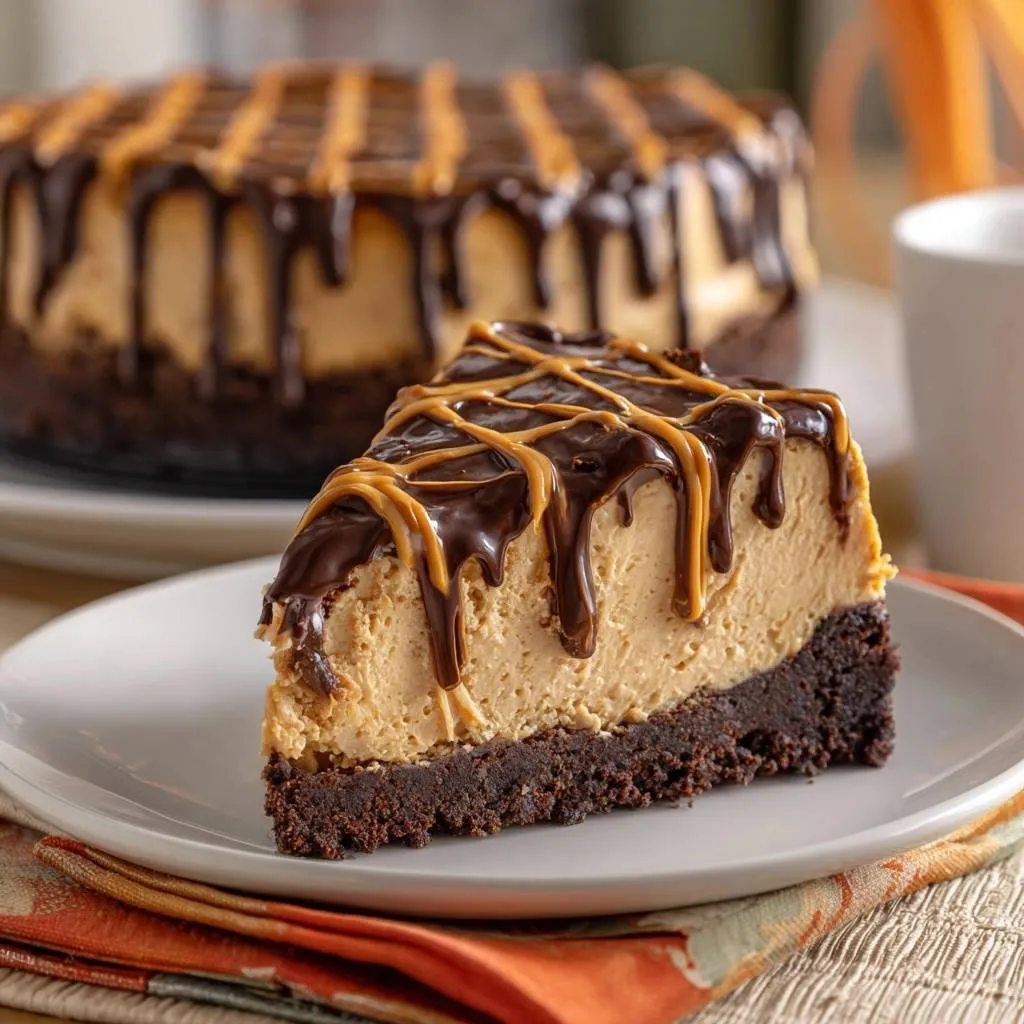 Peanut Butter Chocolate Cheesecake, a slice showing the rich brownie crust and creamy filling, drizzled with chocolate and peanut butter.
