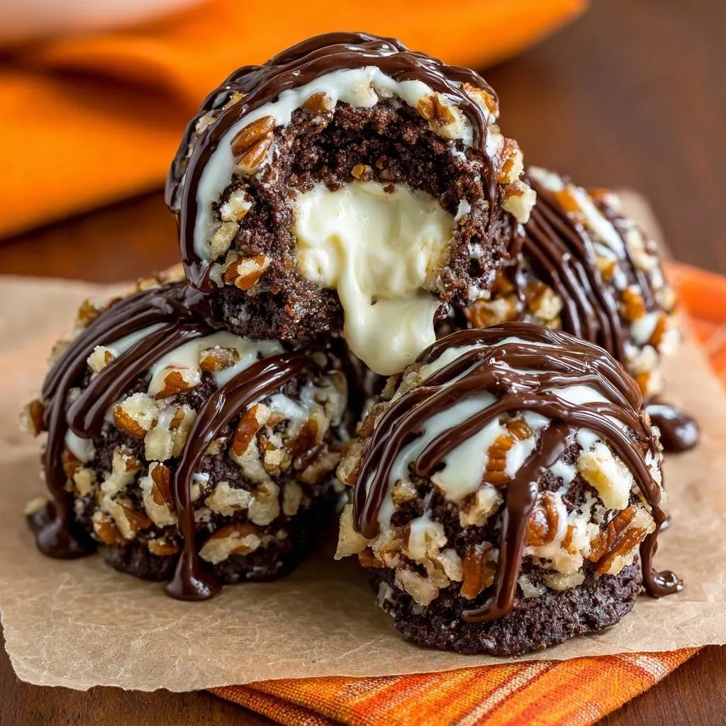 Pecan crusted cheesecake stuffed brownie bites shown in a close-up cross-section revealing a creamy cheesecake filling.