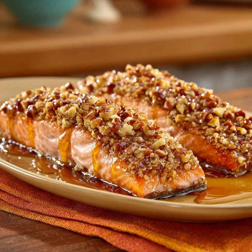 Pecan crusted honey salmon with a glistening glaze and a close-up view of the nutty topping.
