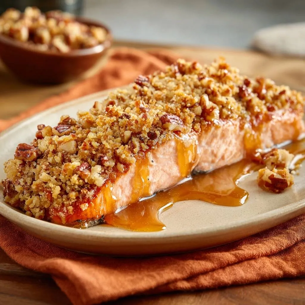 Pecan crusted honey salmon glazed with a sticky amber sauce and topped with chopped nuts.