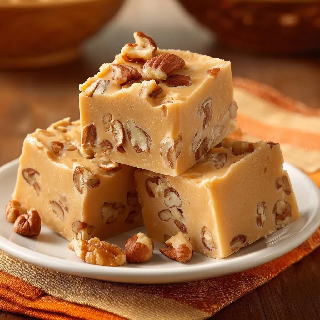 Pecan praline fudge shown as stacked pieces on a white plate, with scattered nuts and a close-up view of the creamy texture.