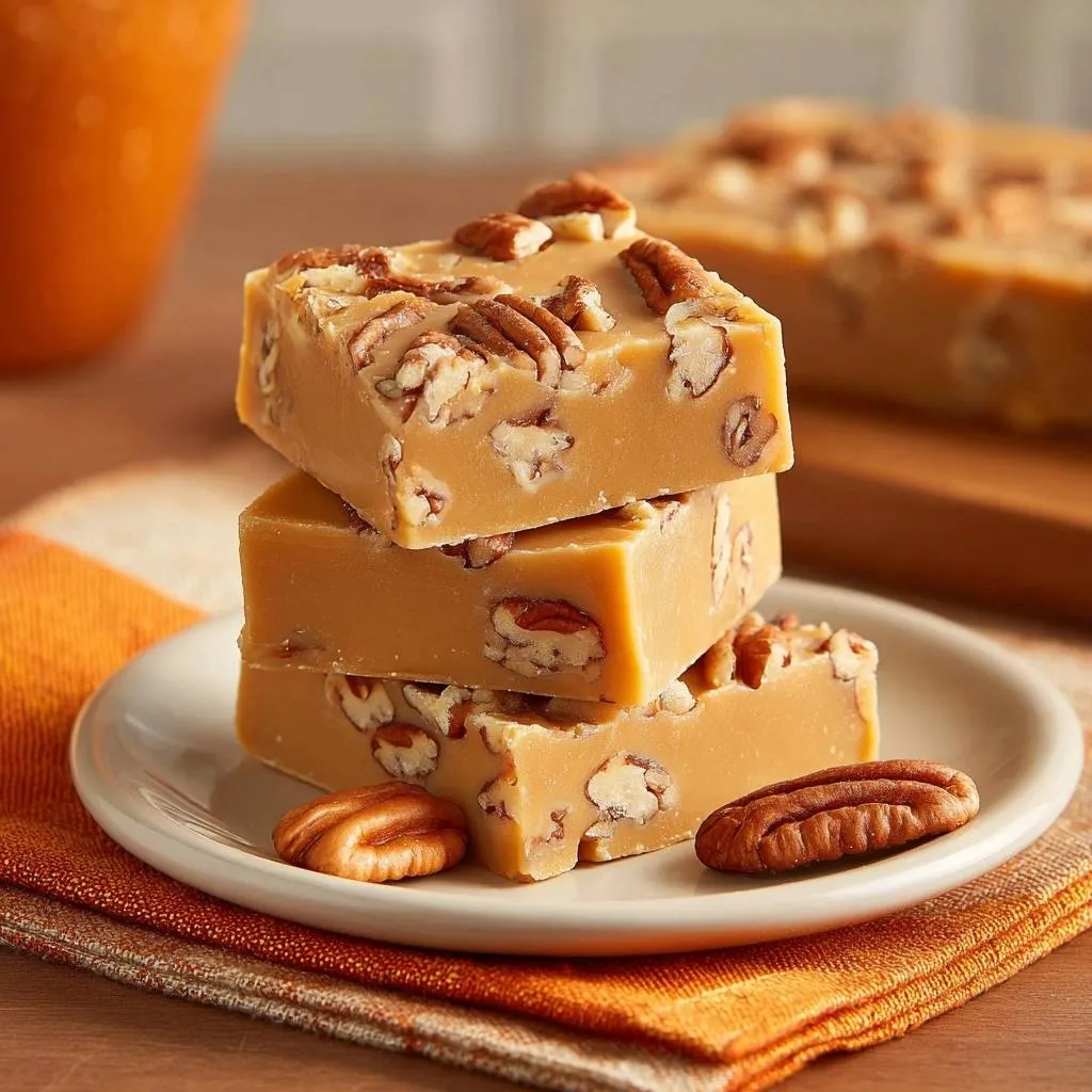 Pecan praline fudge stacked on a plate, showcasing creamy texture and whole pecans.