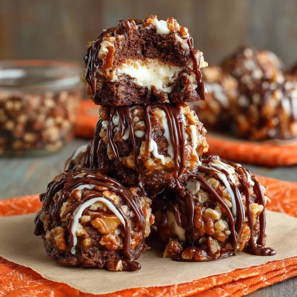 Pecan crusted cheesecake stuffed brownie bites shown in a close-up cross-section revealing the creamy center