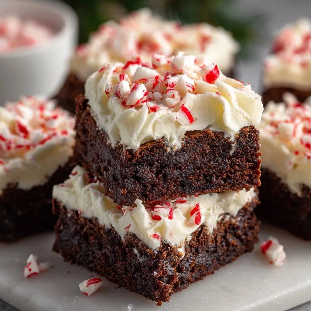 Peppermint frosted fudge brownies stacked on a marble board, topped with crushed candy canes.