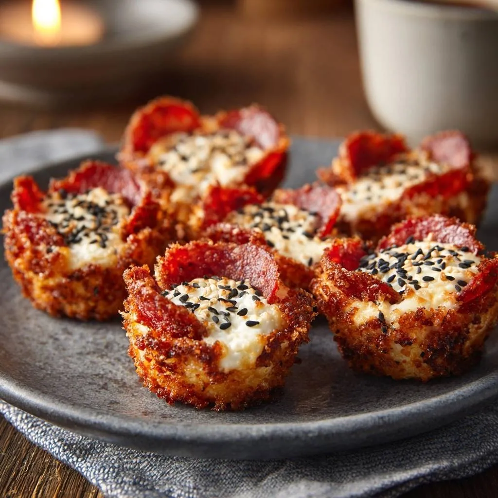 Crispy pepperoni cheese cups with a sesame seed topping arranged on a dark plate.