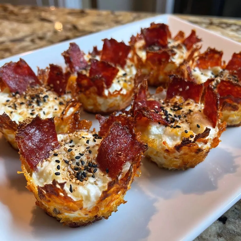 Crispy pepperoni cheese cups with sesame seeds and feta cheese, presented on a white plate with a close-up perspective.