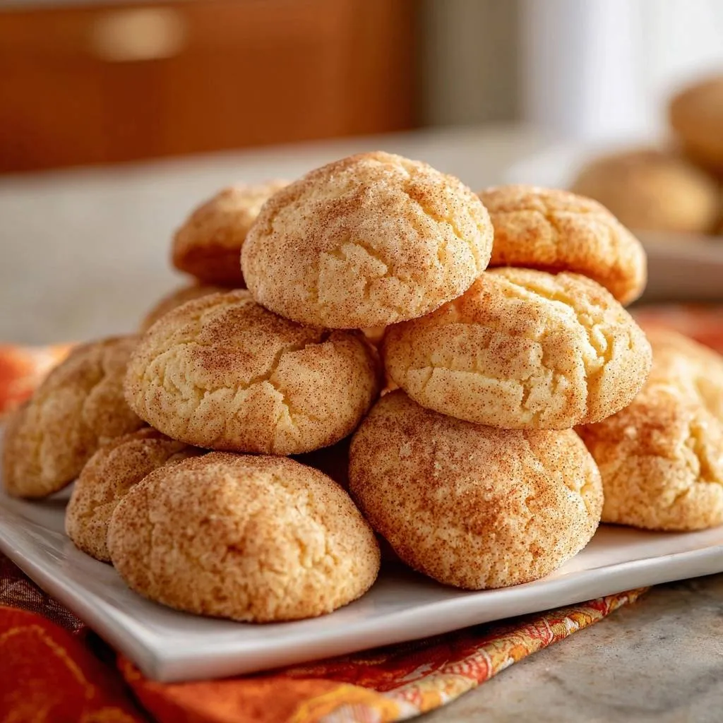 Perfect snickerdoodle cookies dusted with cinnamon sugar, piled high on a white plate.