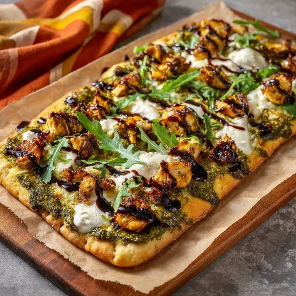 Pesto chicken flatbread with juicy charred chicken and mozzarella, drizzled with balsamic glaze.