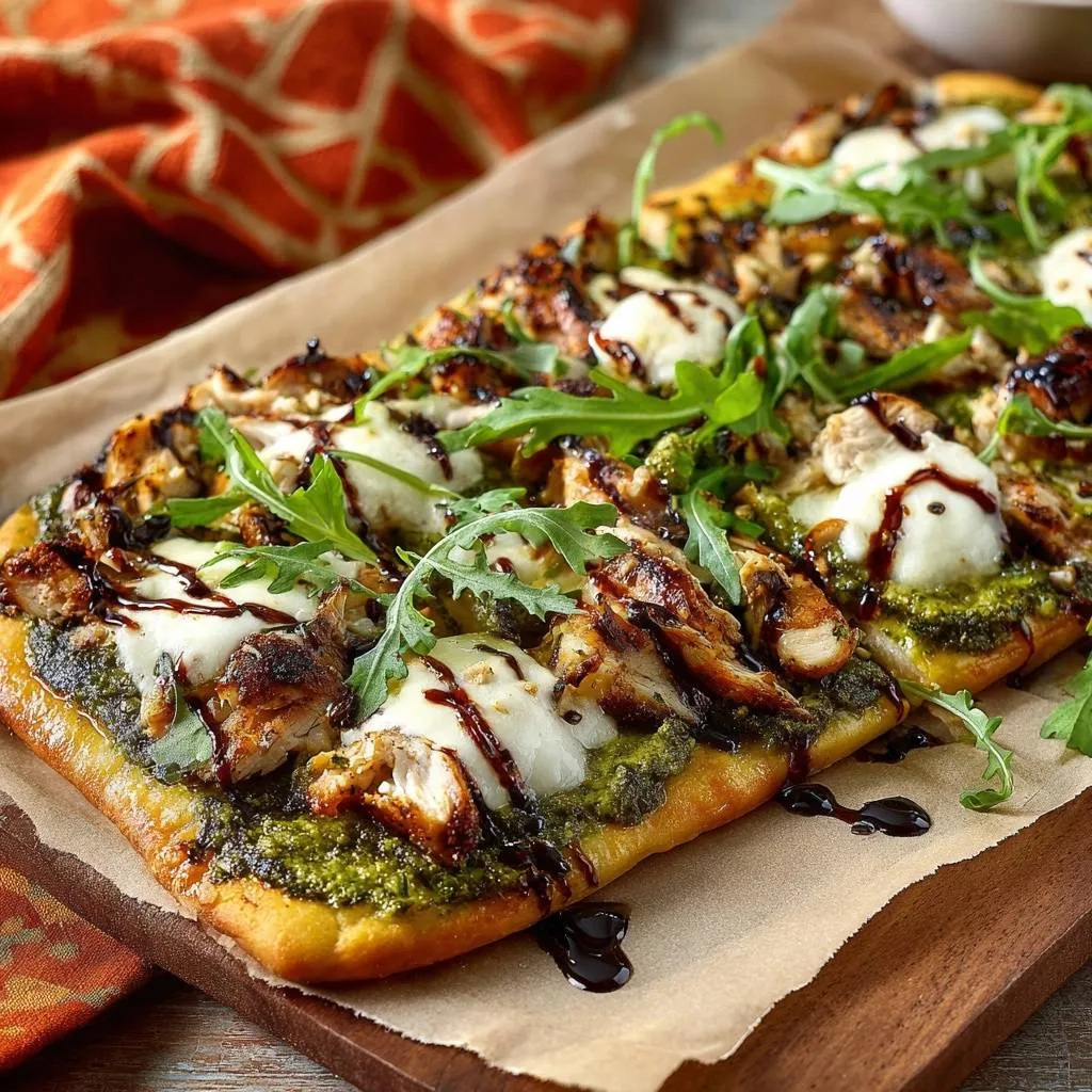 Pesto chicken flatbread with juicy charred chicken and mozzarella, drizzled with balsamic glaze.