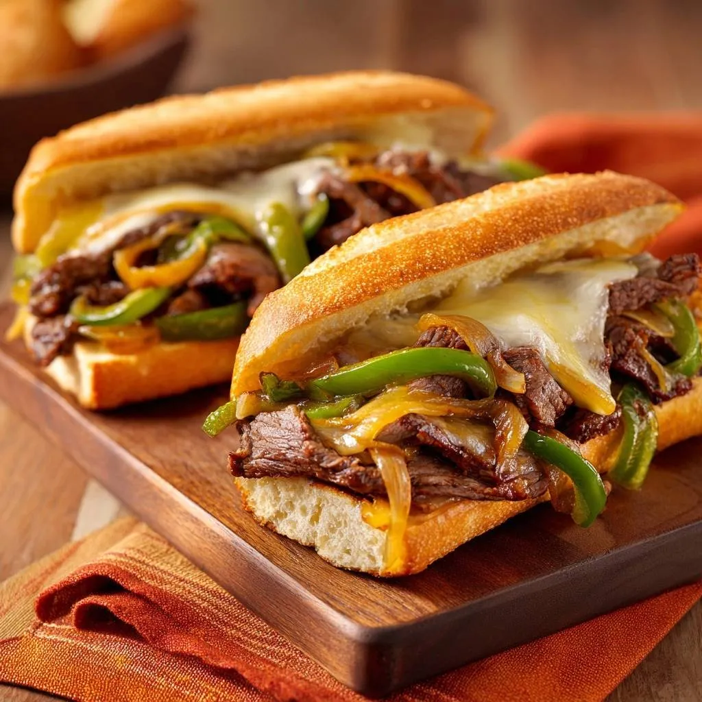 Philly cheesesteak sandwiches with melted cheese, green peppers, and onions shown in a close-up side view on a wooden board.