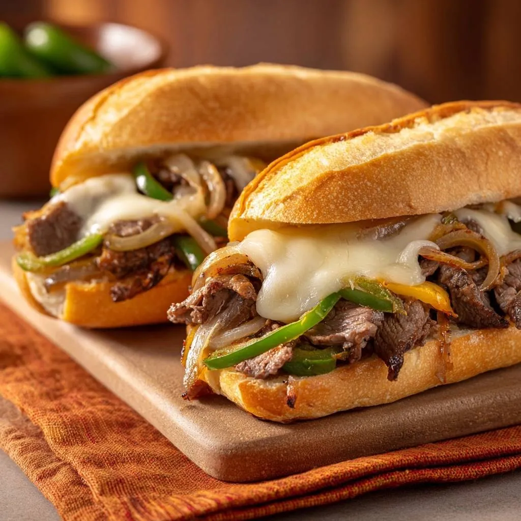 Philly cheesesteak sandwiches with melted cheese and peppers, served side-by-side on a wooden board.