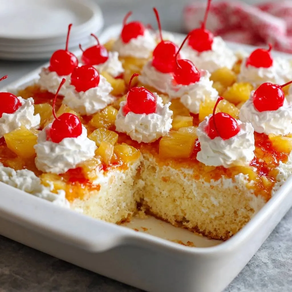 Pineapple cherry delight cake shown in a white baking dish with a slice removed, revealing its fluffy interior and fruit topping.