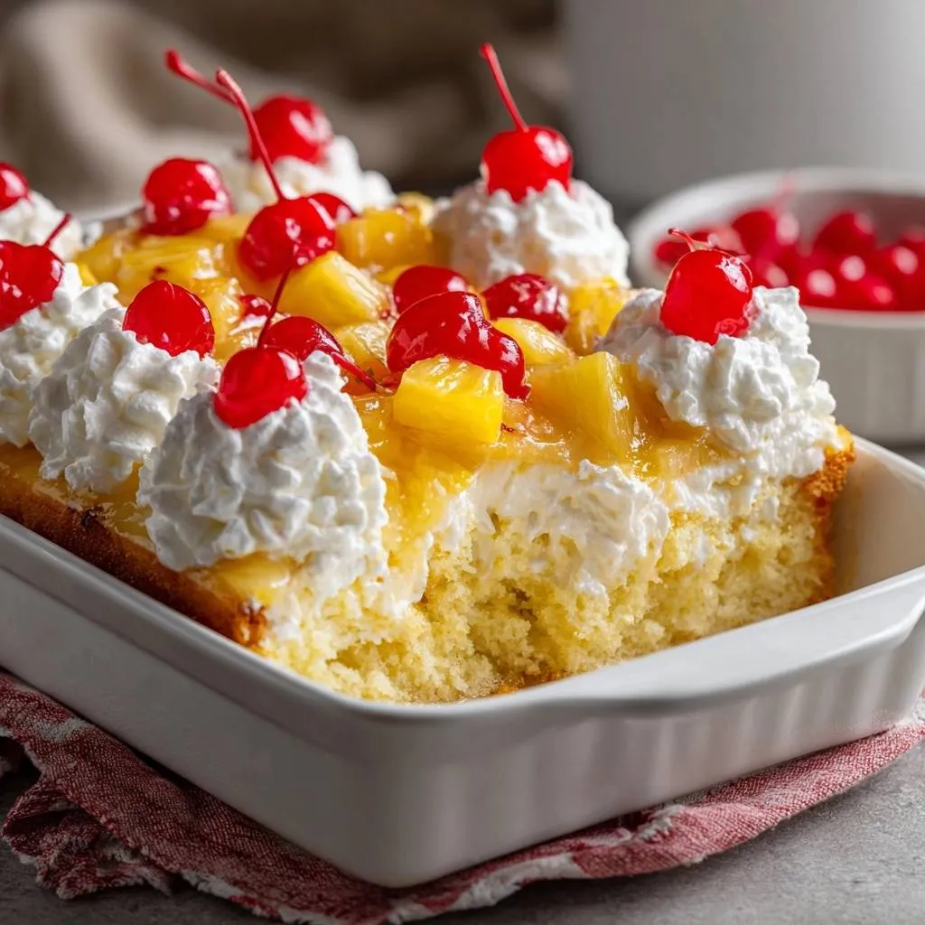 Pineapple Cherry Delight Cake slice showing a cross-section with whipped cream and maraschino cherries.