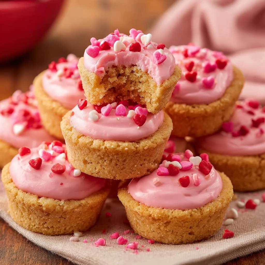 Pink frosting sugar cookie cups with heart sprinkles, one cup showing a bite taken out, revealing the cookie interior.