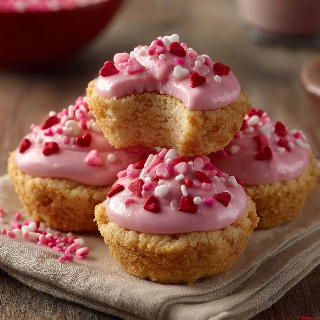Pink frosting sugar cookie cups with heart sprinkles, one has a bite taken out, showing the cookie interior.