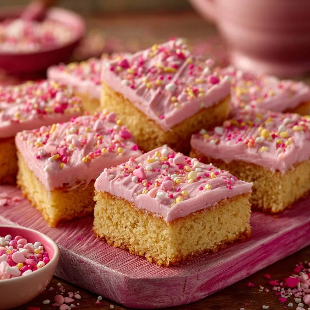 Pink velvet sheet cake squares topped with pink frosting and colorful sprinkles, arranged on a pink cutting board.