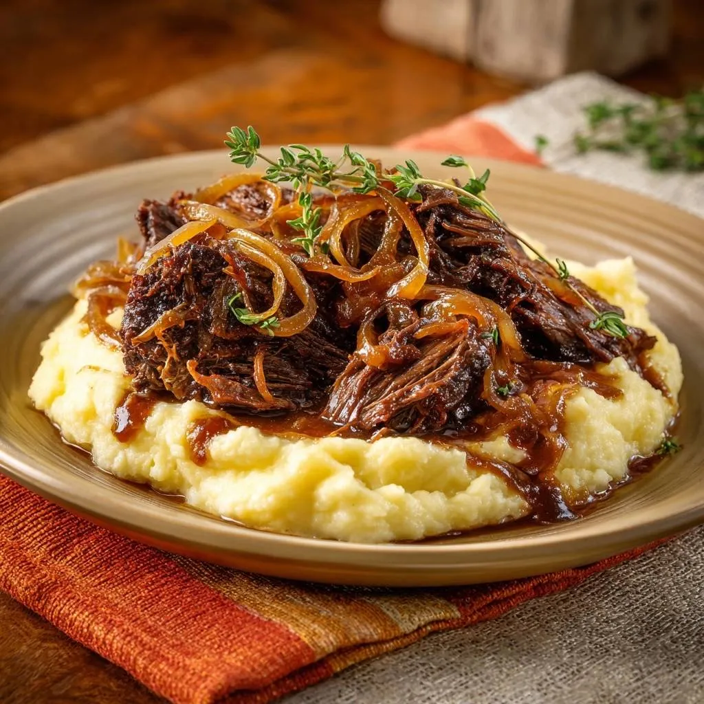 Pot roast with caramelized onions over creamy mashed potatoes, plated and garnished with fresh thyme sprigs.