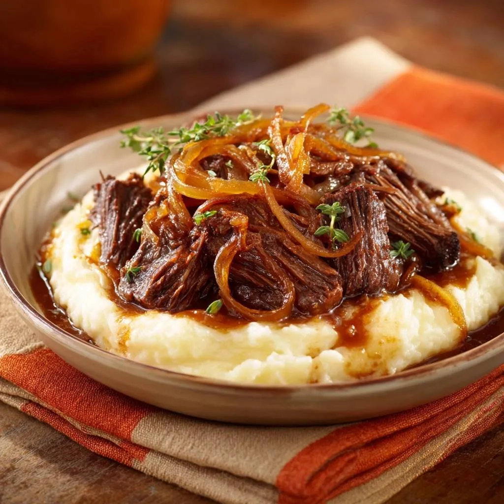 Pot Roast with Caramelized Onions over Creamy Mashed Potatoes - recipe image