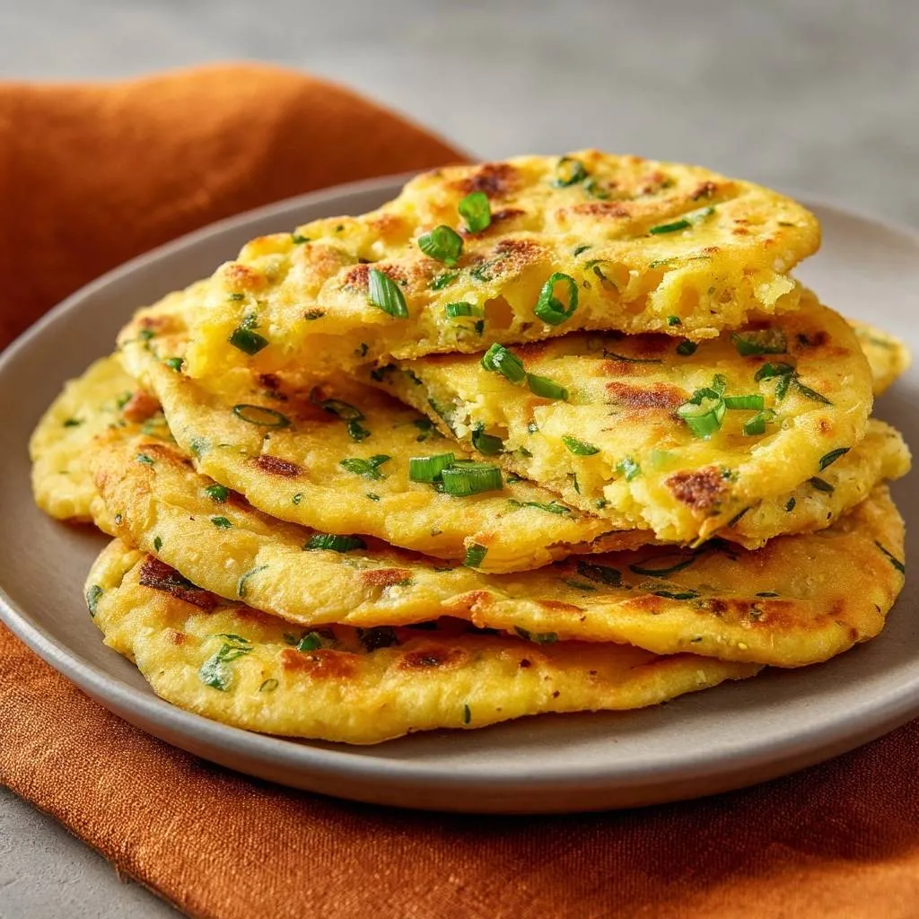 Crispy potato scallion pancakes shown in a close-up cross-section stack, revealing their layered texture and scallion pieces.