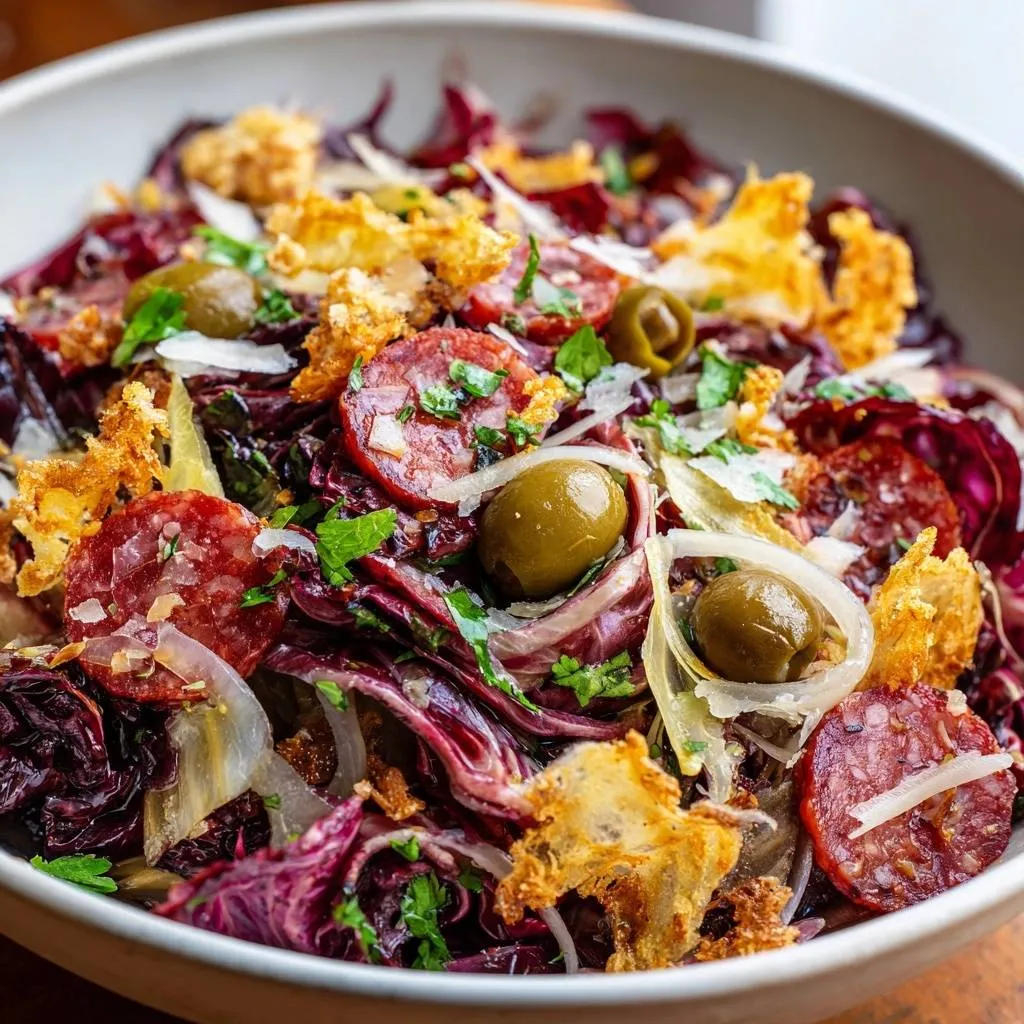 Crispy radicchio salami salad with olives and parmesan served in a white bowl, a close-up view.