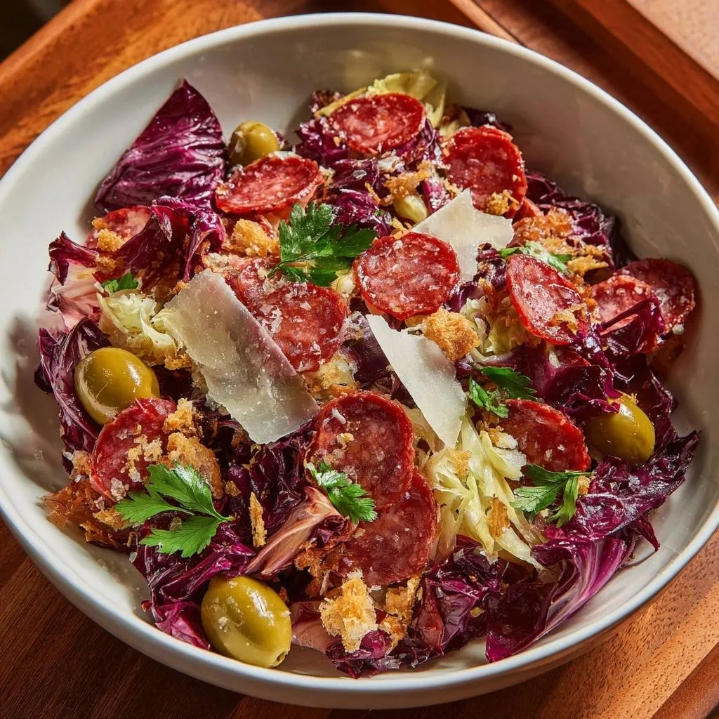 Crispy radicchio salami salad with olives, shaved parmesan, and croutons in a white bowl, viewed up close.