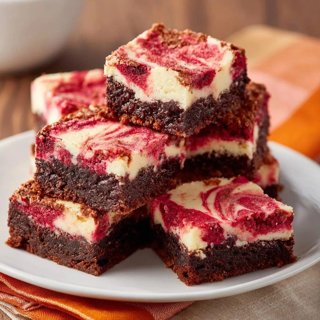 Raspberry cheesecake brownies with no-crack swirls stacked in a close-up view on a white plate.