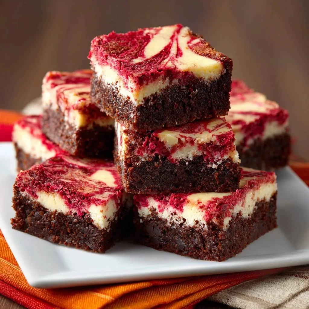 Raspberry cheesecake brownies with no-crack swirls, presented as a stack of delicious, rich, and decadent dessert slices.