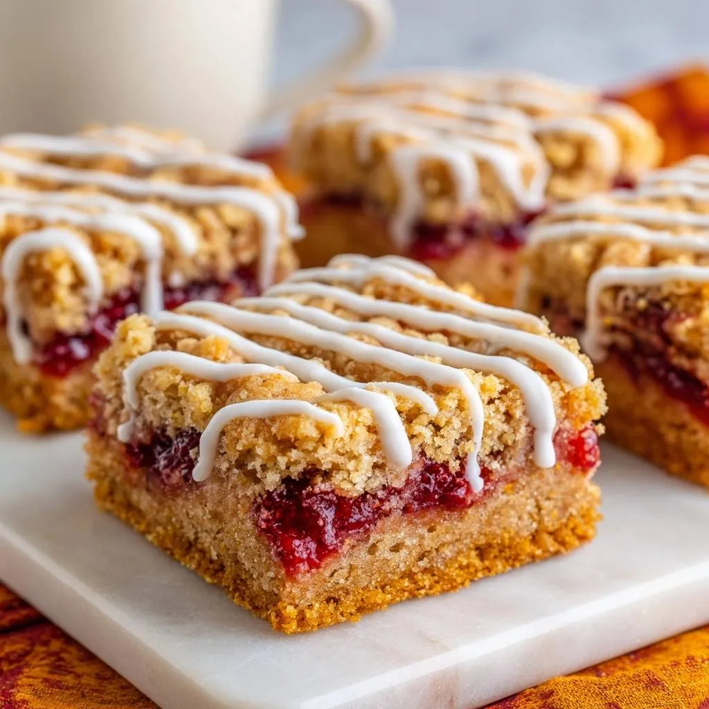 Raspberry crumb bars with crisp bottoms shown in a close-up cross-section view, highlighting the layers of crumb topping and raspberry filling.