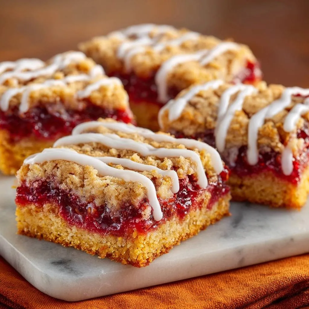 Raspberry crumb bars with crisp bottoms are drizzled with white icing in a close-up view.