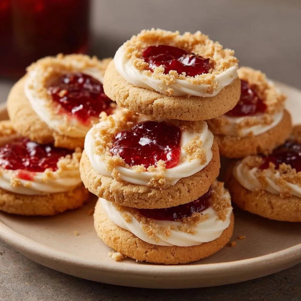 Raspberry jam thumbprint cookies with no-overflow seal, stacked high on a plate, showcasing the creamy frosting and jam filling.