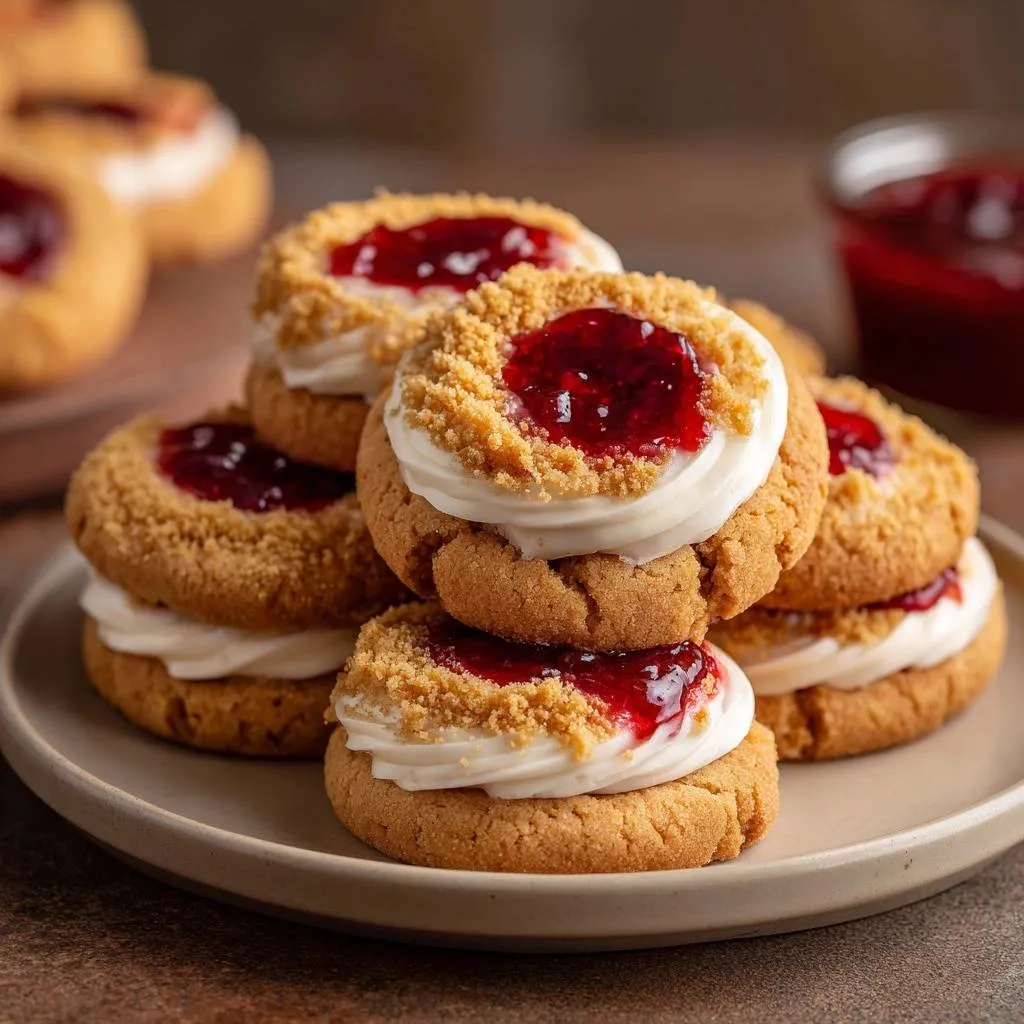 Raspberry jam thumbprint cookies with no-overflow seal stacked on a plate, showcasing their creamy filling and jam topping.