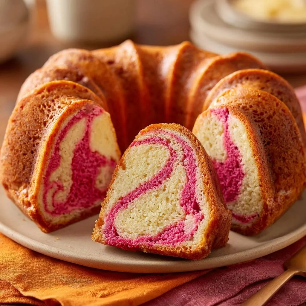 Raspberry swirl bundt cake cross-section showing pink and white marbled cake on a plate.