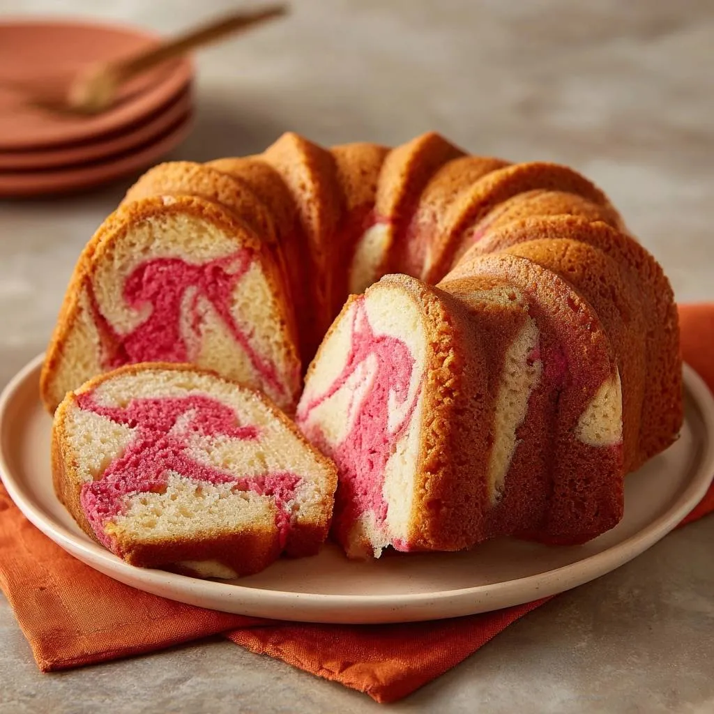 Raspberry swirl bundt cake sliced to reveal a beautiful pink and white marbled interior cross-section.