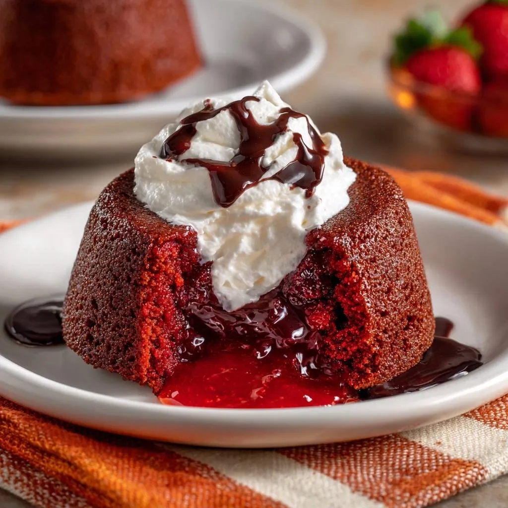 Red velvet lava cakes with a guaranteed molten center, shown in a close-up cross-section revealing its gooey interior.