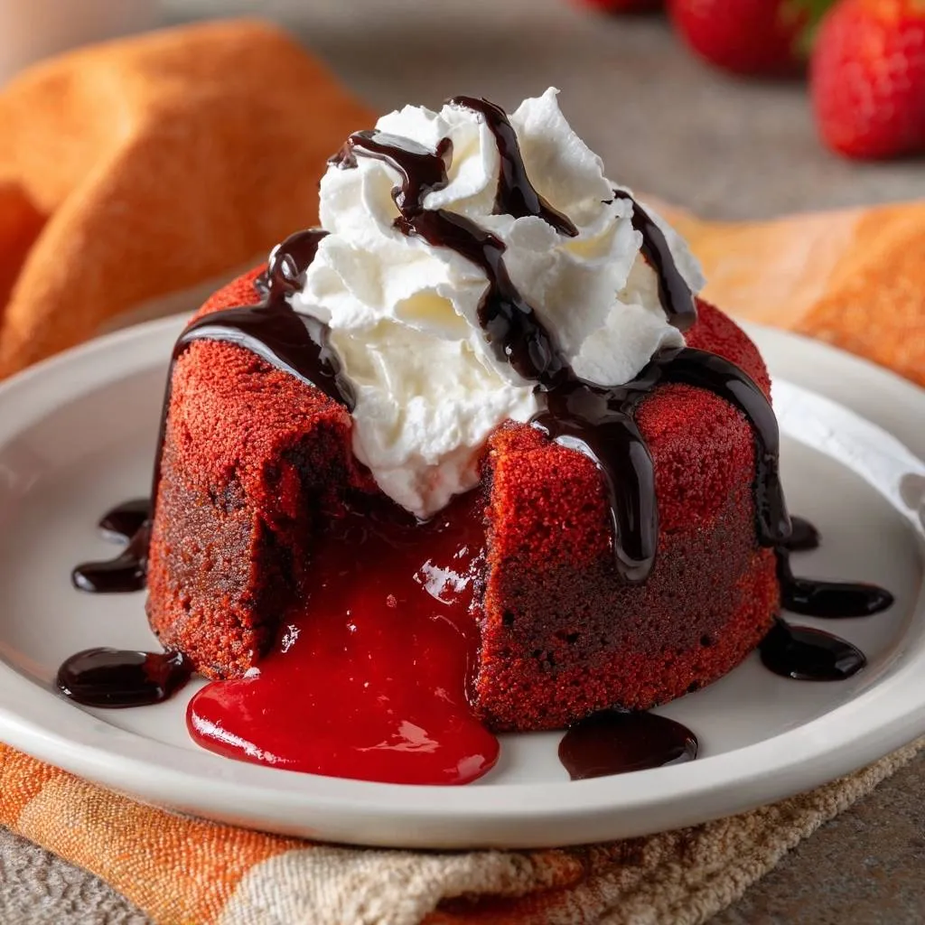 Red velvet lava cakes with a guaranteed molten center, showcasing a dramatic cross-section with oozing red filling.