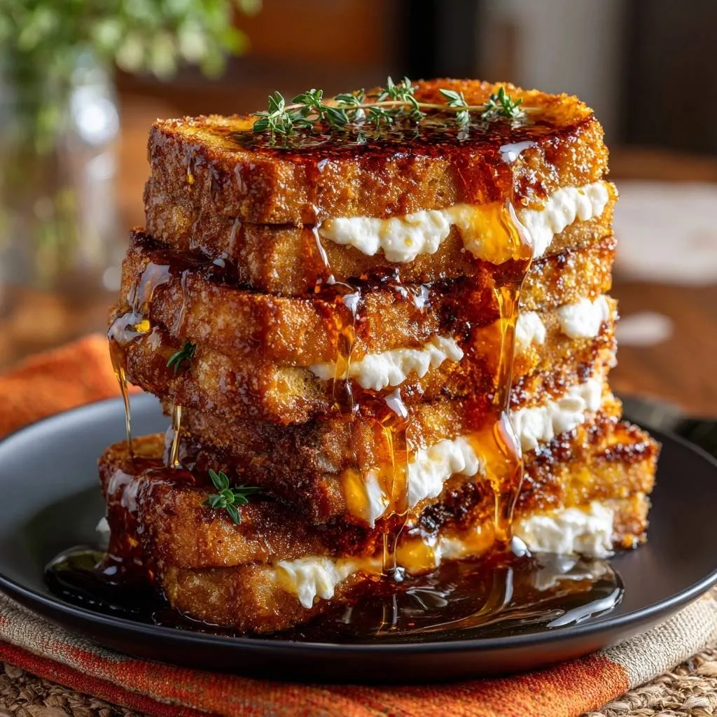 Ricotta stuffed brioche French toast stacked high and drizzled with glaze, garnished with fresh thyme.