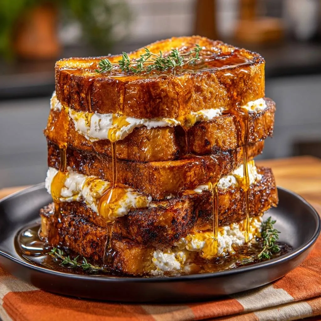 Ricotta stuffed brioche French toast stacked high and drizzled with golden syrup and fresh thyme garnish.